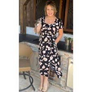 NEW Colleen Lopez Flutter-Sleeve Midi Dress & Pockets BLACK & FLORAL